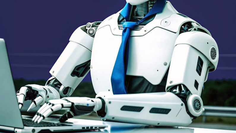 Robot empresarial utilizando laptop como símbolo del rendimiento posible de las mejores herramientas con inteligencia artificial para empresas de la actualidad. Robot empresarial utilizando laptop como símbolo del rendimiento posible de las mejores herramientas con inteligencia artificial para empresas de la actualidad.