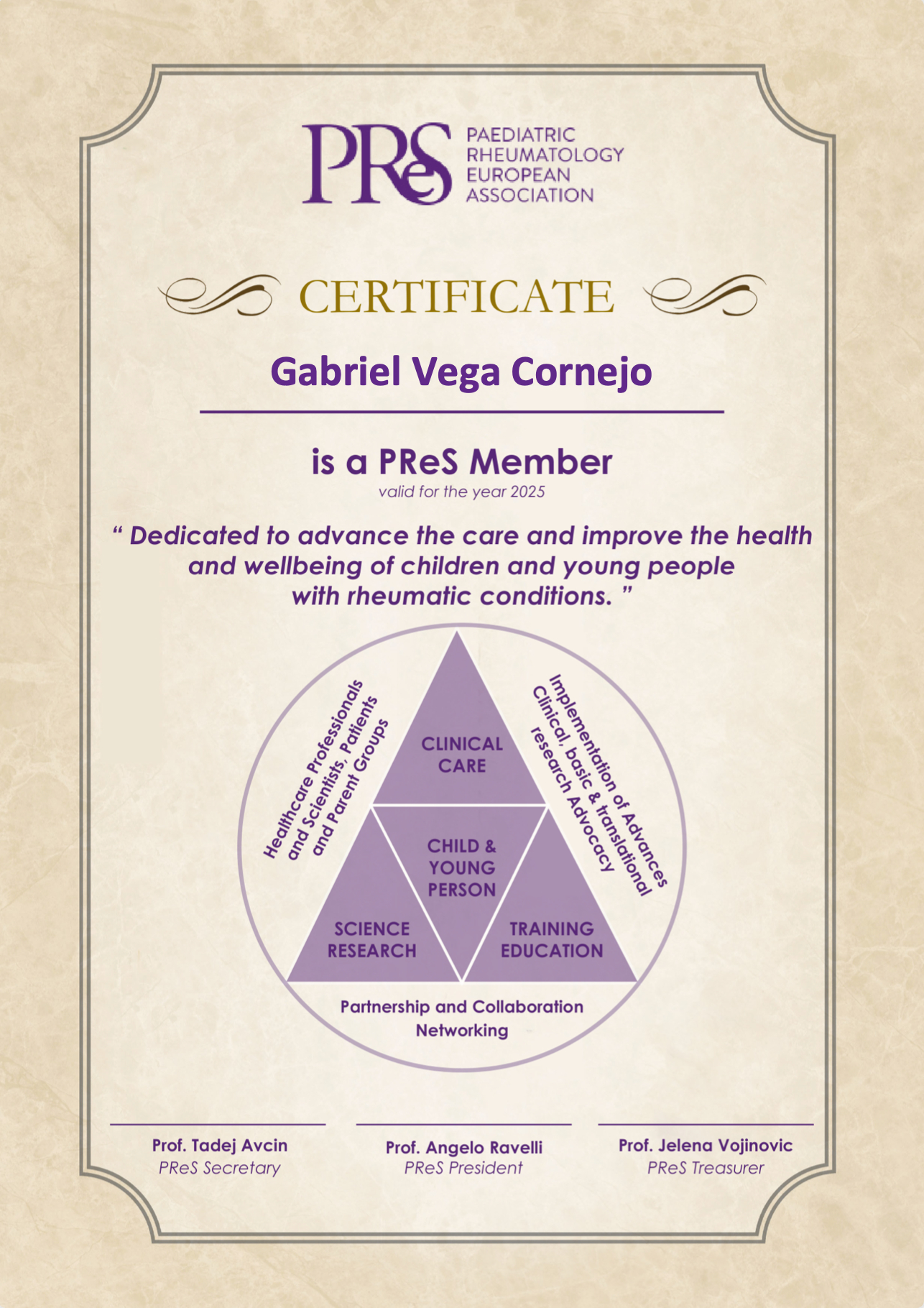 Certificación del Dr. Gabriel Vega como miembro activo de la Asociación Europea de Reumatología Pediátrica (PReS). Certificación del Dr. Gabriel Vega como miembro activo de la Asociación Europea de Reumatología Pediátrica (PReS).