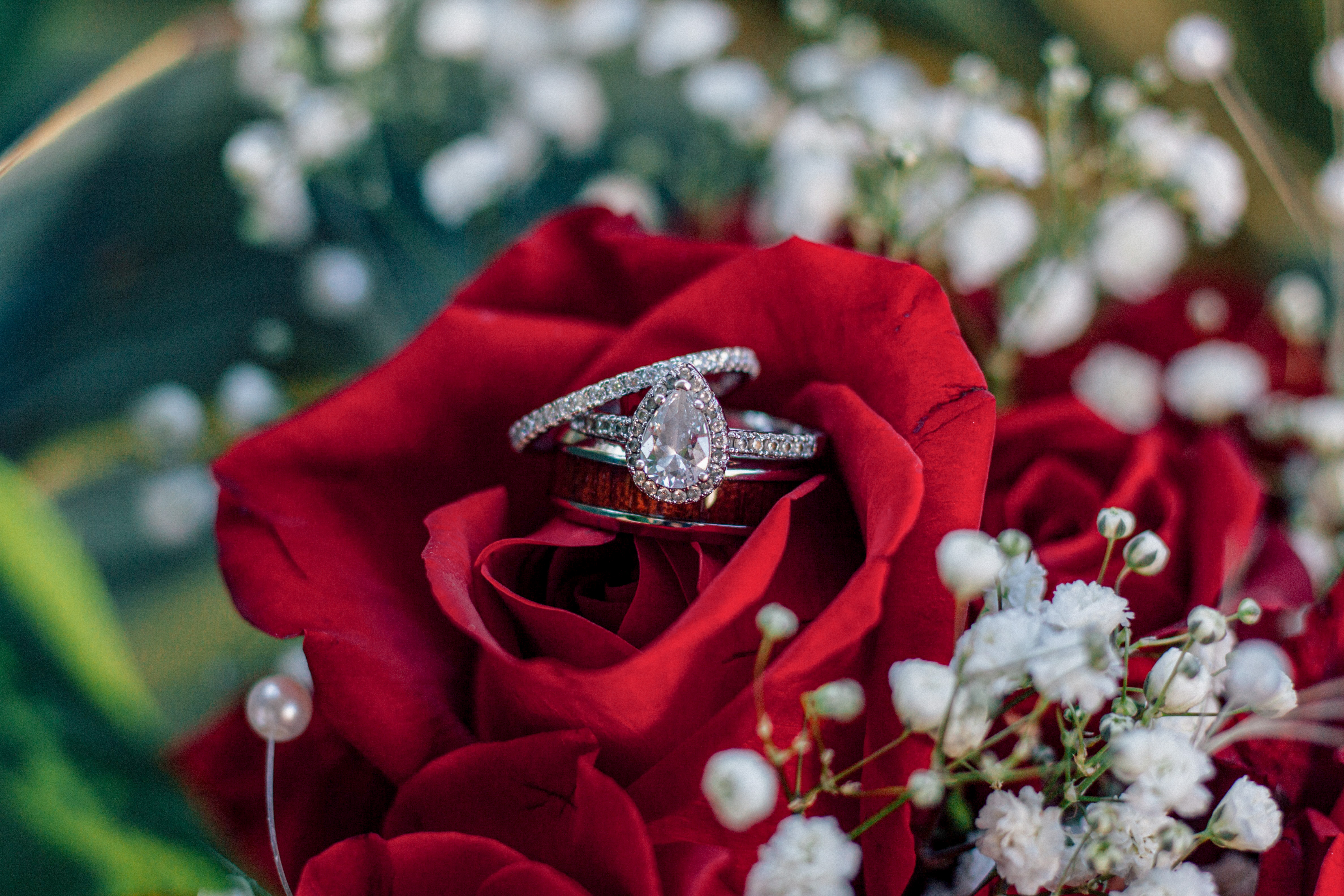 pear shaped engagement ring, silver wedding band with diamonds and groom's wedding band all sit inside a red rose and baby's breath