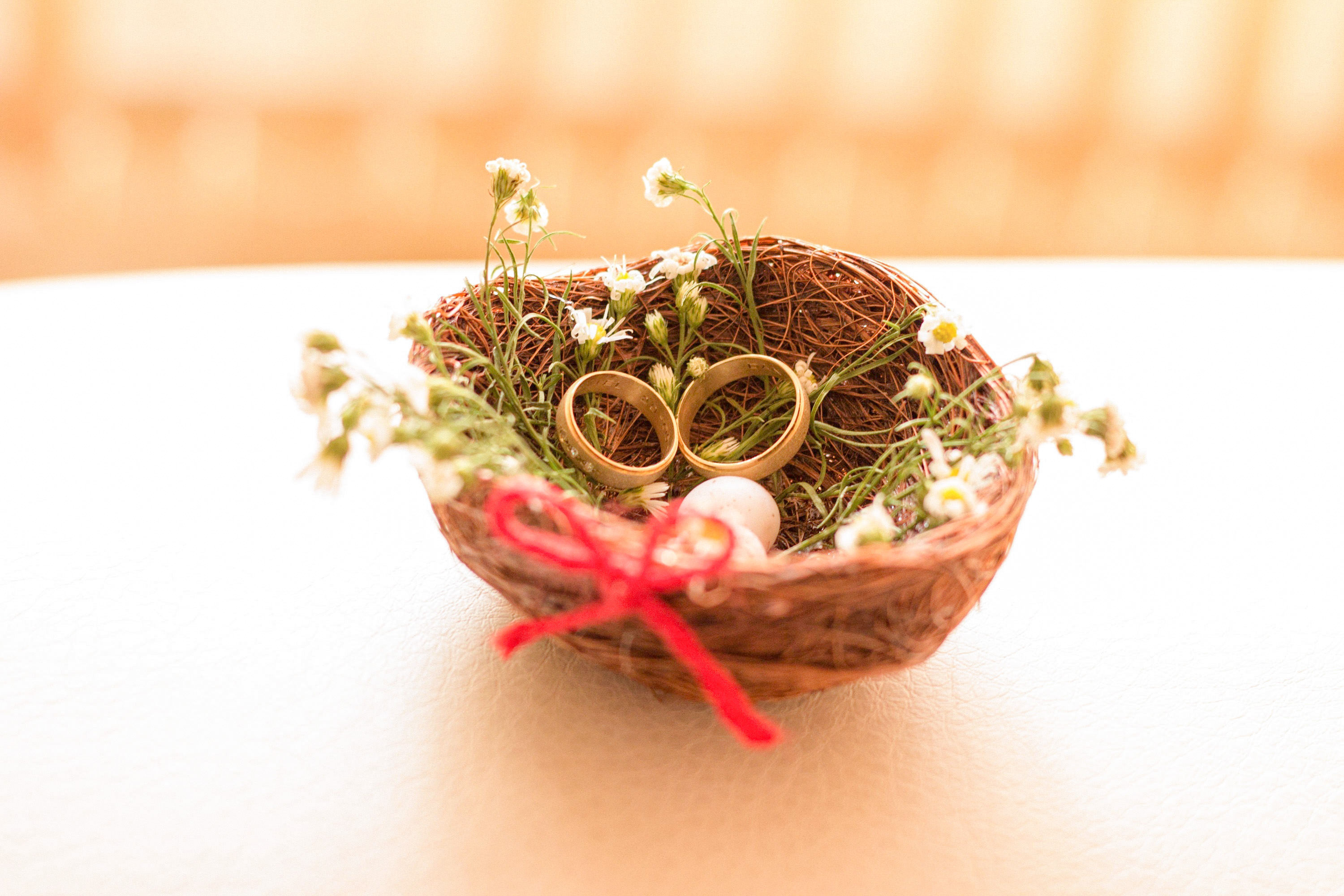 two gold rings in a bird's nest looking ring box with baby's breath