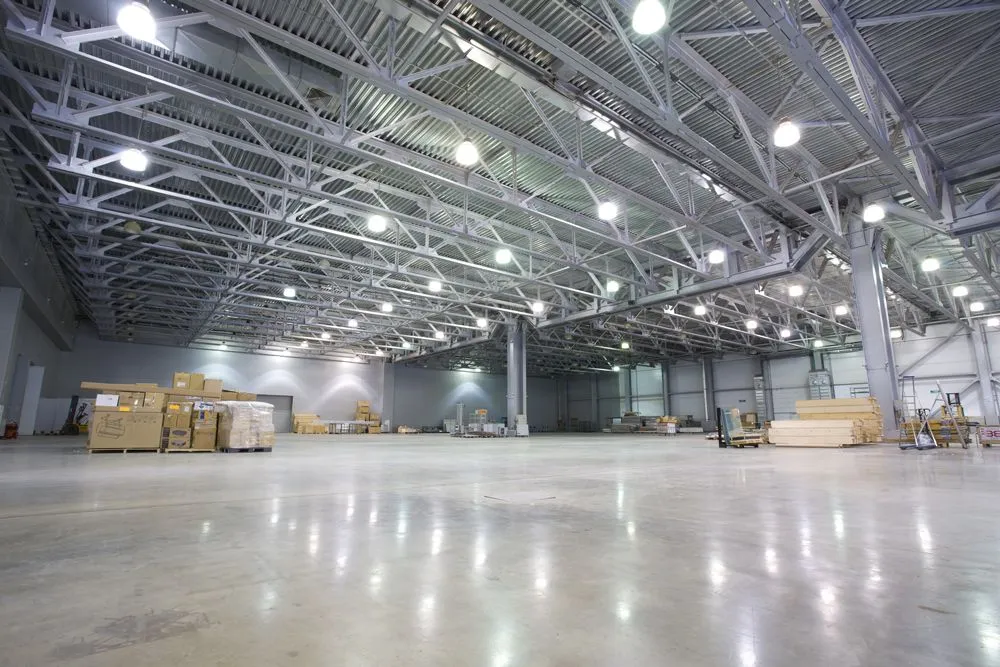 a warehouse with beautiful lighting