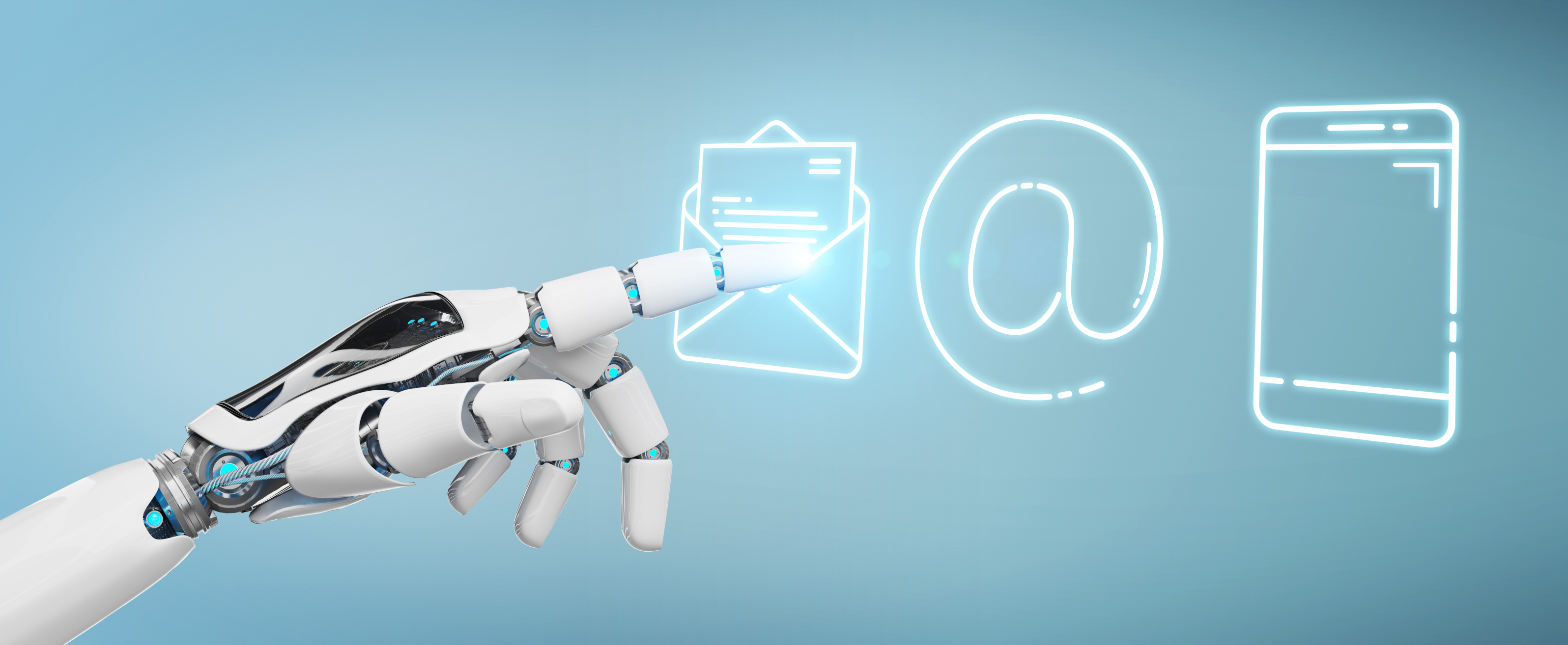 A graphic image featuring a robotic hand interacting with digital icons symbolizing different aspects of digital communication. The hand is white with blue accents, suggesting advanced technology, possibly relating to automation in digital marketing. It points to neon outlines of an envelope, the '@' symbol, and a mobile device, all glowing against a soft blue background. This could represent concepts such as email marketing, online communication, and mobile technology.