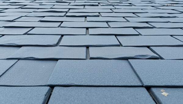 Close-up of a slate roof with various colors.