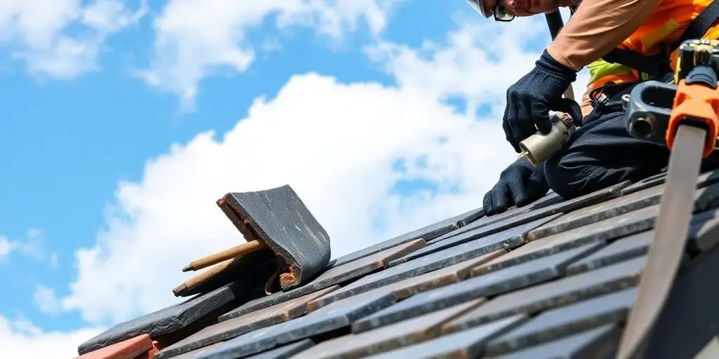 Worker repairing a slate roof with tools on site.