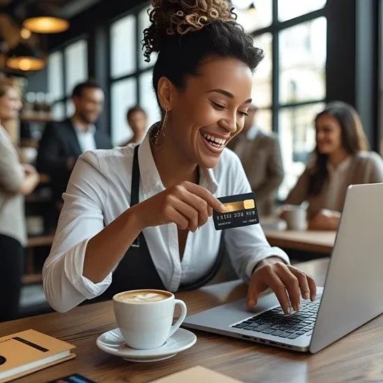 An illustration of a small boutique, where a young business owner greets a satisfied customer while handling a tablet, visually capturing the approval notification of a recent transaction. The owner is smiling, with colorful merchandise on display around them. An illustration of a small boutique, where a young business owner greets a satisfied customer while handling a tablet, visually capturing the approval notification of a recent transaction. The owner is smiling, with colorful merchandise on display around them.