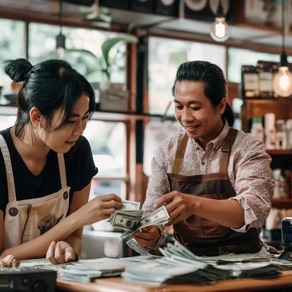 Asian American Small Business Owners exchanging cash with clients with Apron Asian American Small Business Owners exchanging cash with clients with Apron