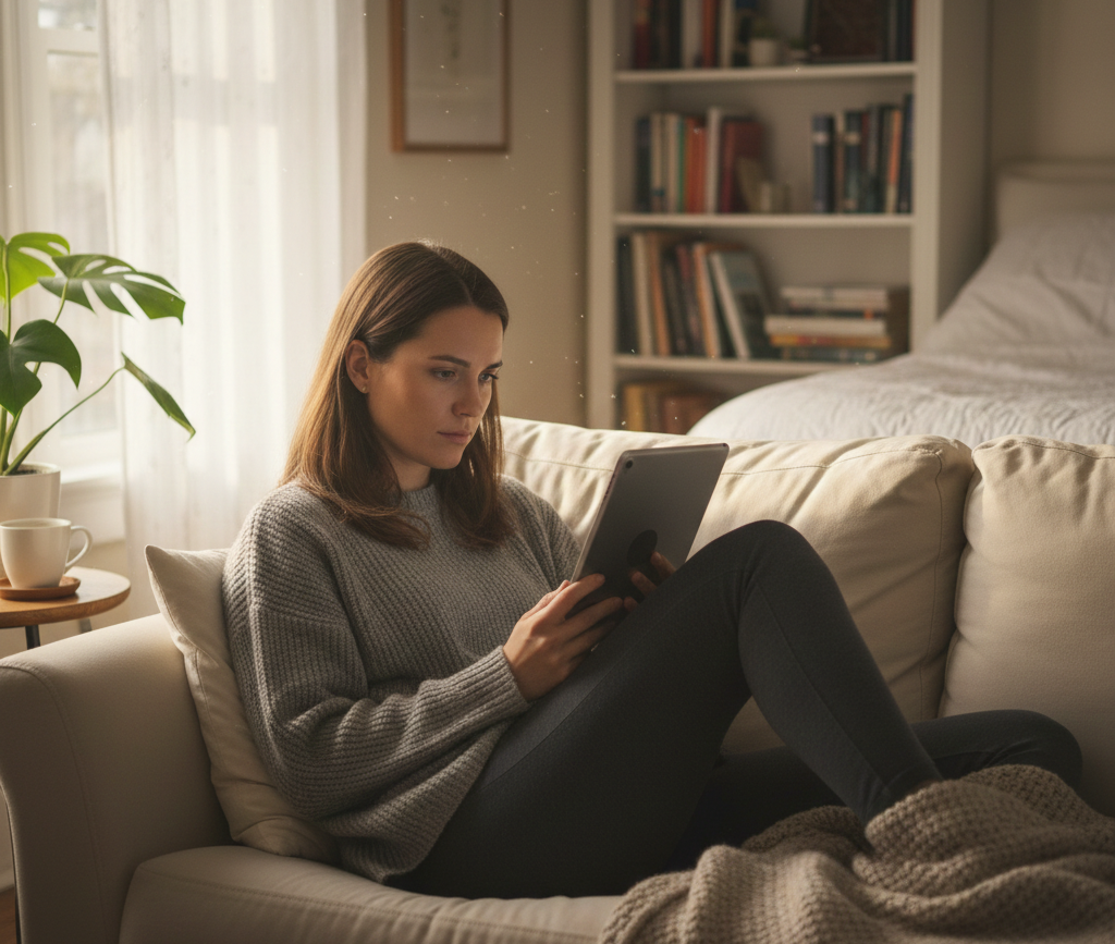 Woman reading on tablet