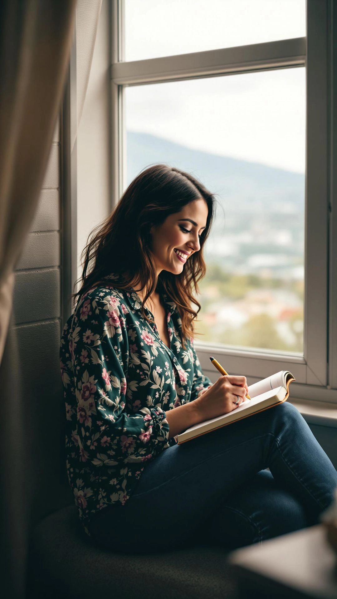 A woman sitting by a window writing in her journa. A woman sitting by a window writing in her journa.