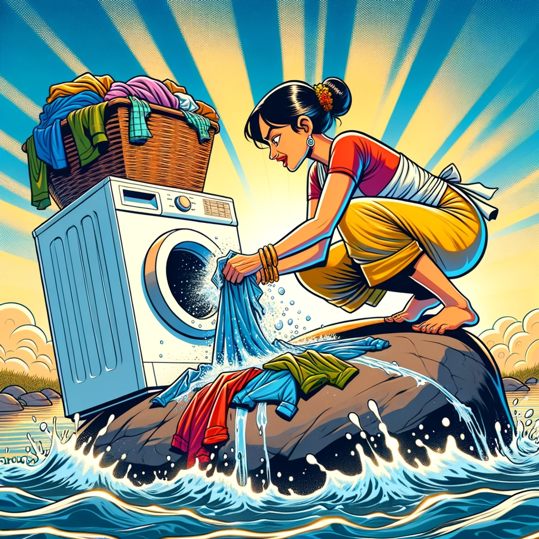 Cartoon of woman scrubbing clothes on a rock with a modern washing machine sitting behind her.