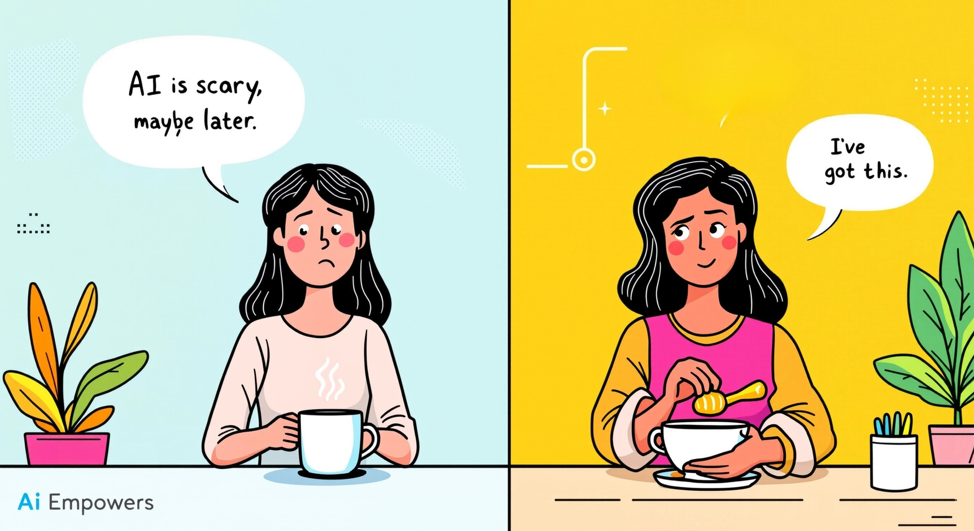 A cartoon of two women, one worried about ai and one who tackles it.