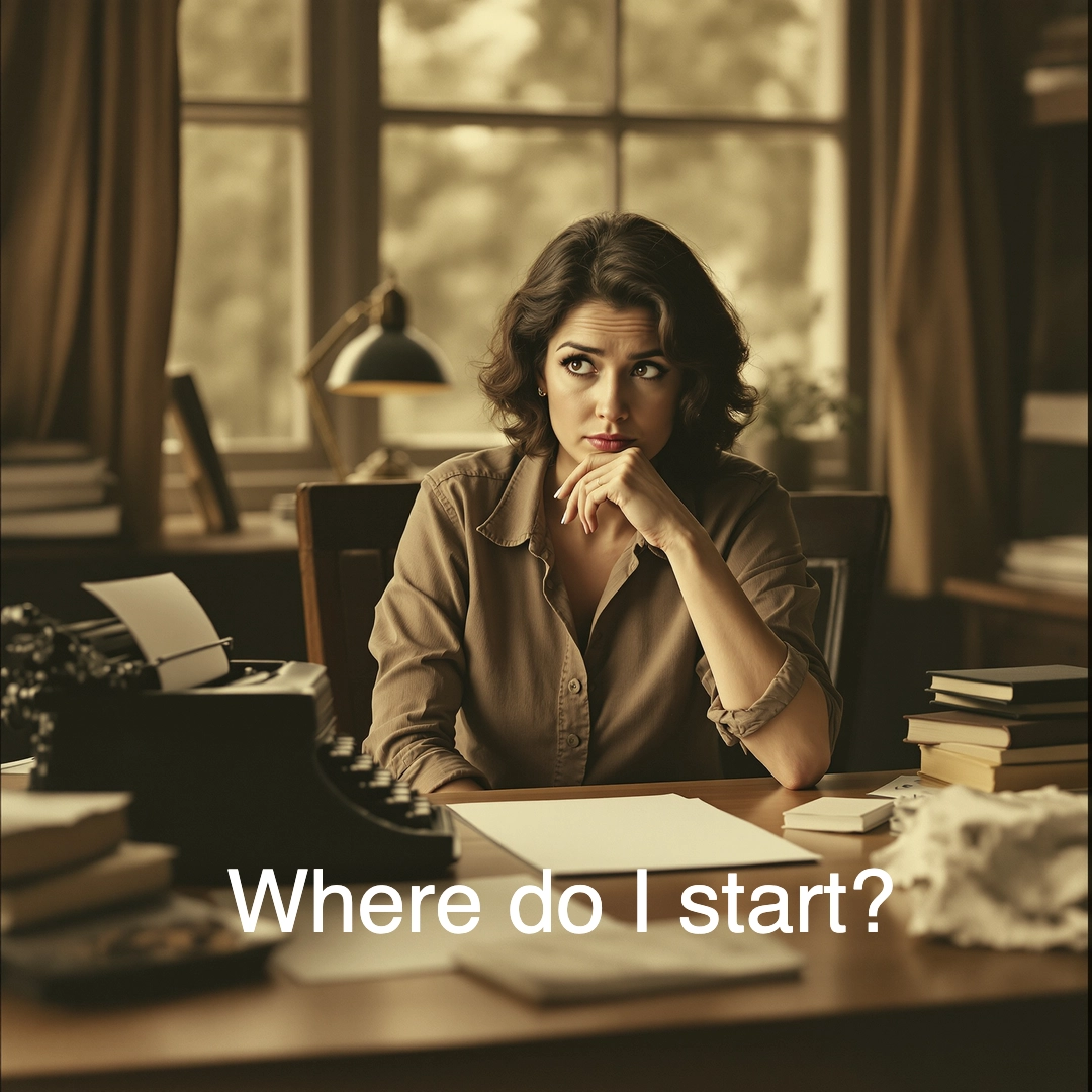 A woman wondering where to start writing a book sitting at a typewriter. A woman wondering where to start writing a book sitting at a typewriter.