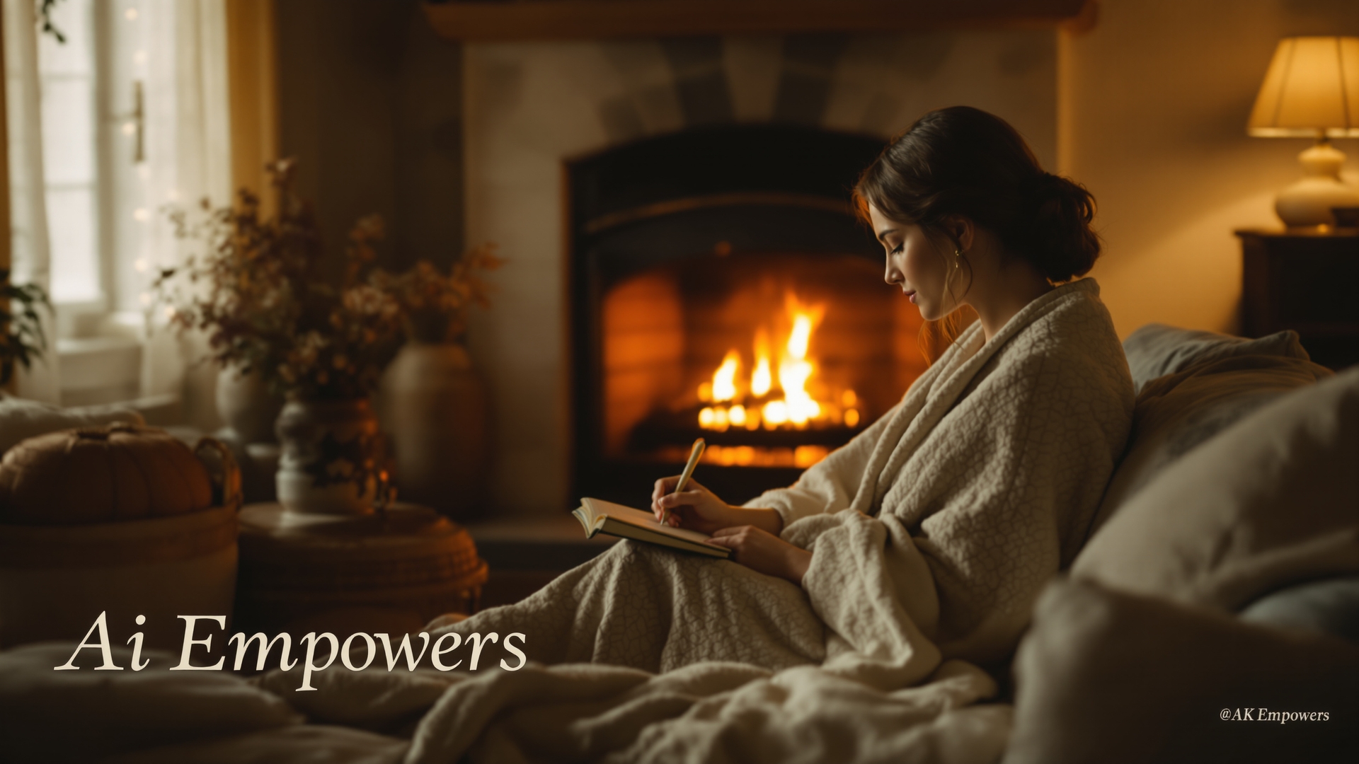 A woman sitting by the fire writing her story