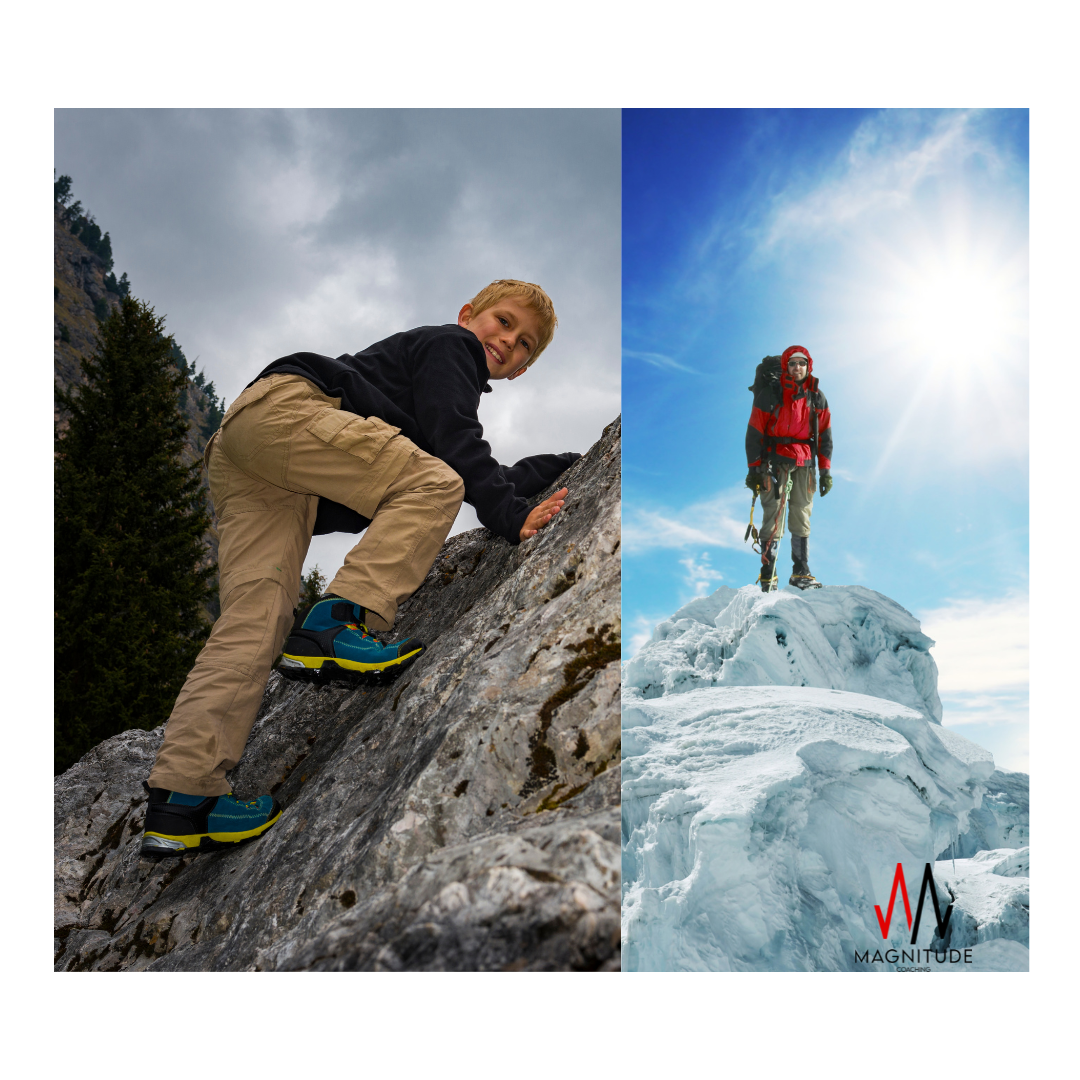 Two images, LHS a young boy starting to climb, RHS a professional climber on a summit