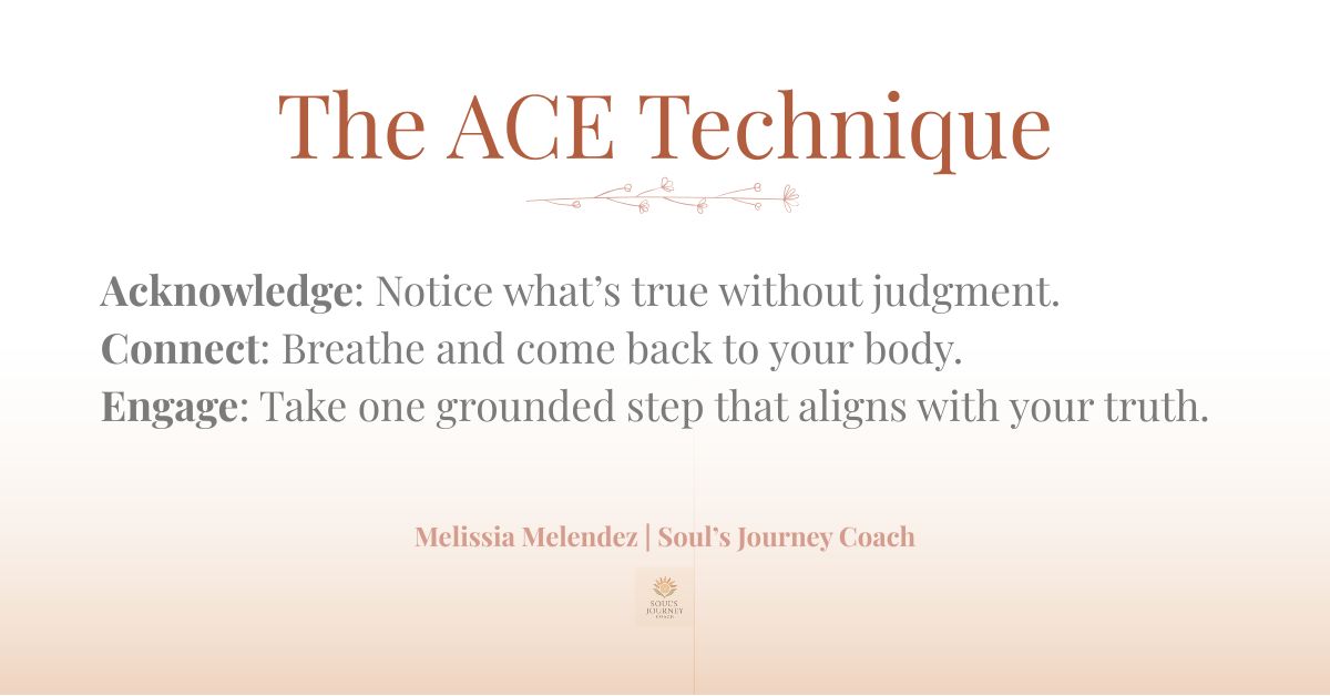 ACE Technique visual with Acknowledge, Connect, Engage for grounding and emotional clarity during change