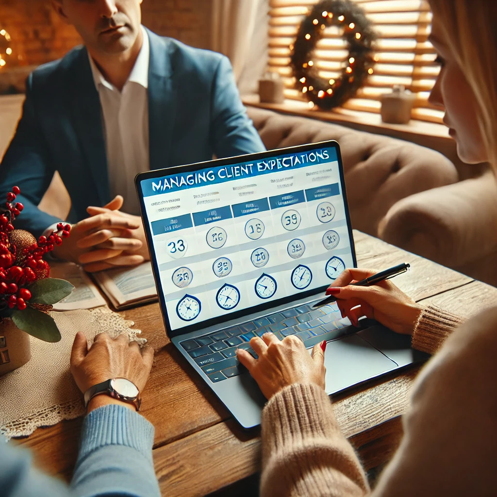 A real estate agent discussing schedules and timelines with clients, using a laptop in a cozy setting with holiday-themed decorations in the background. The image emphasizes communication and planning during the holiday season.