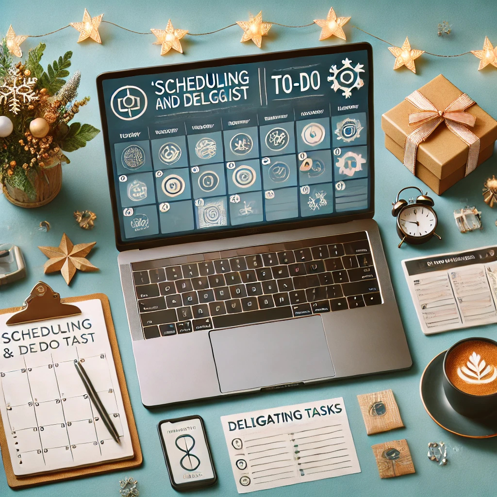 A professional workspace featuring a laptop displaying a digital calendar and to-do list, with automation tools visible. Festive elements like a holiday mug and string lights add a seasonal touch to the productive environment.