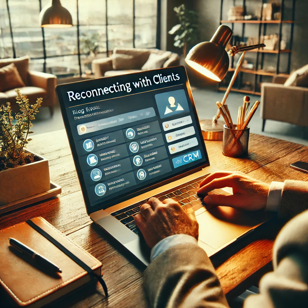 Real estate agent engaging with clients via email or phone in a cozy workspace, with a laptop displaying a CRM interface, emphasizing personalized communication post-holiday.