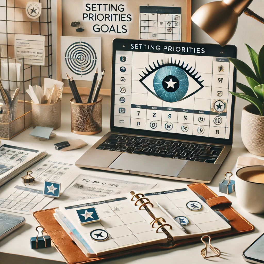 Organized desk setup featuring a planner, to-do list, and a laptop with a digital vision board, symbolizing goal-setting and productivity for the new year.
