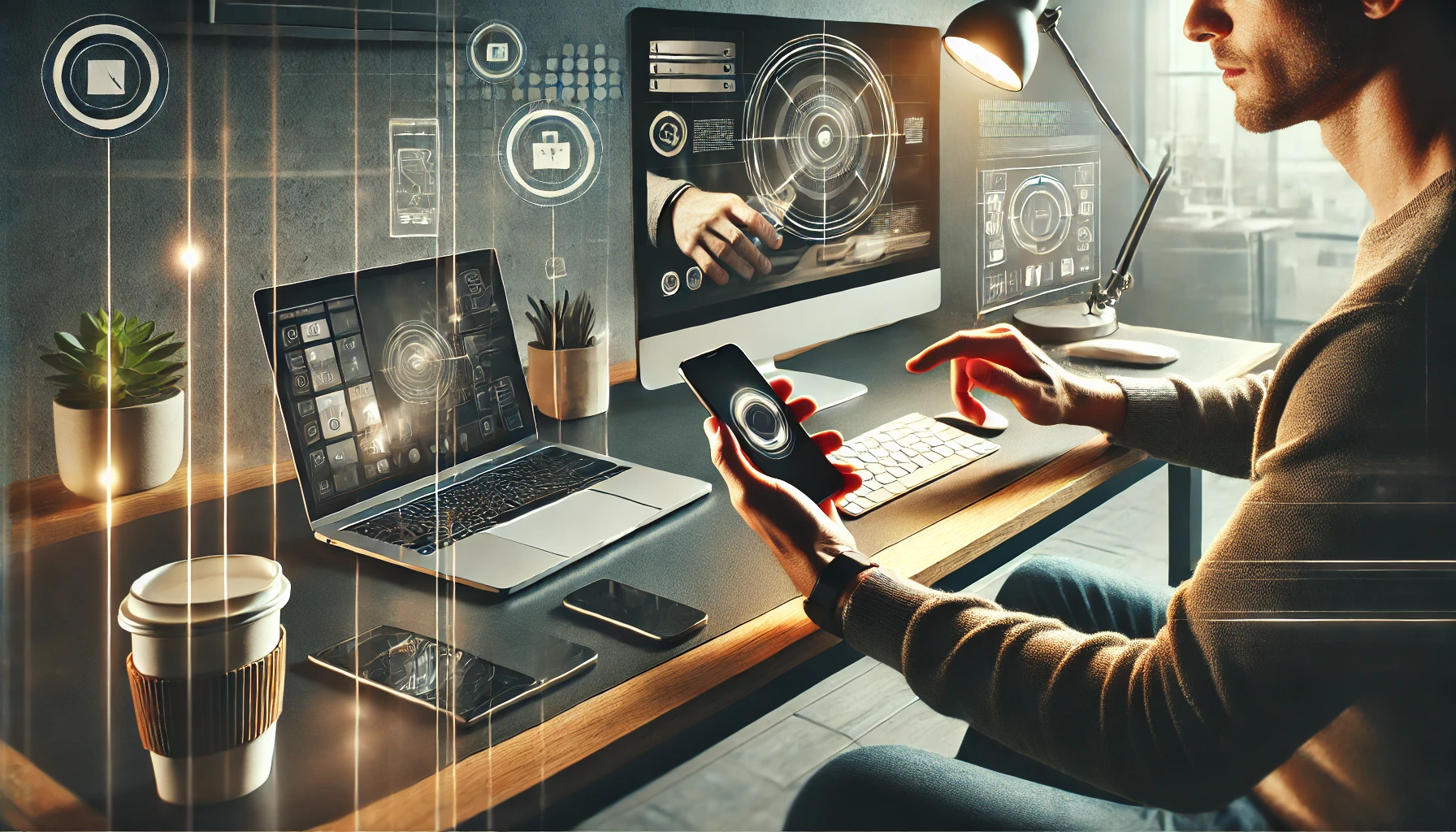 A modern workspace featuring a person using an iPhone at a desk with a laptop and desktop computer, illustrating seamless multi-device and multi-platform usage.