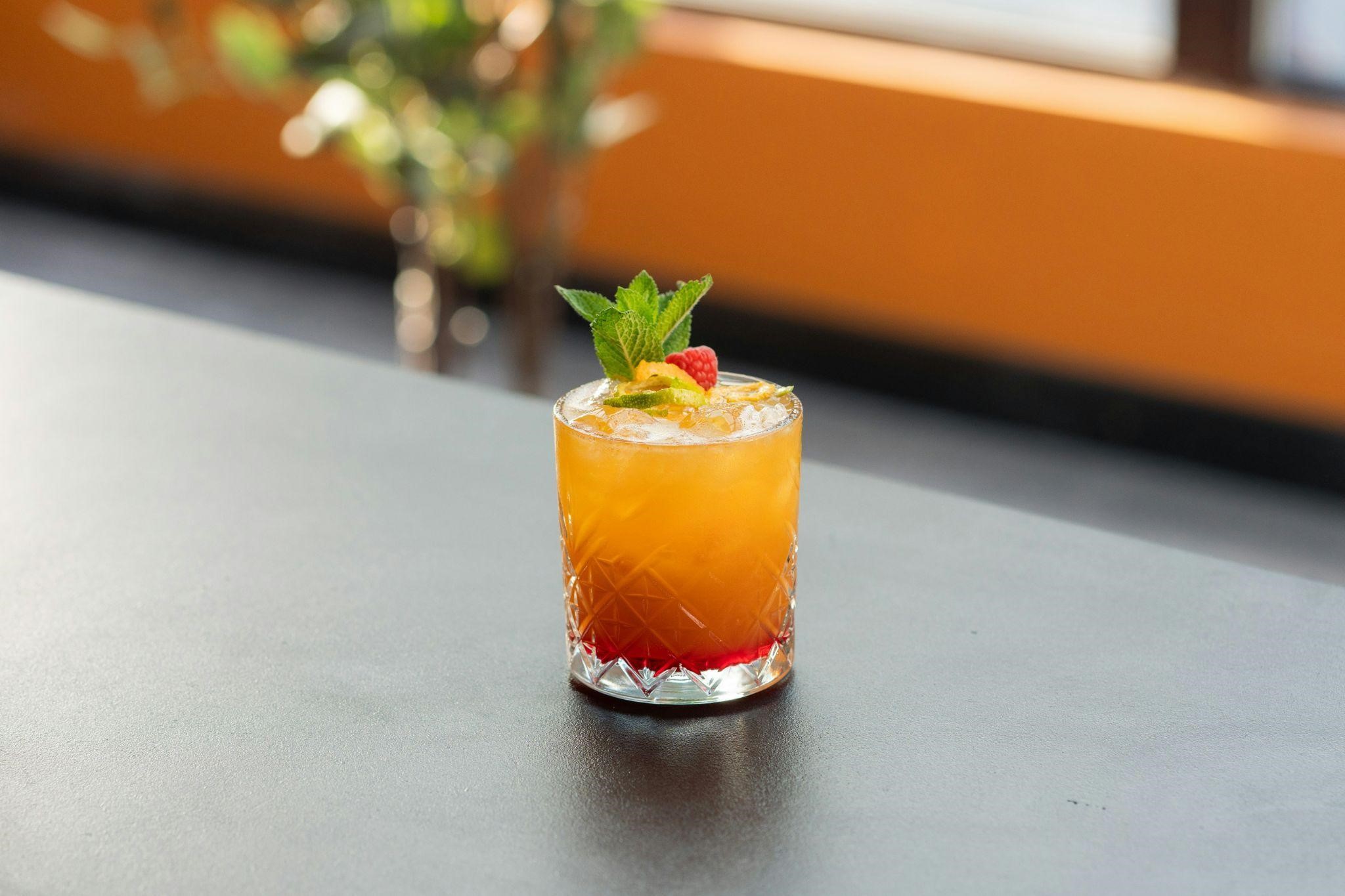 A vibrant cocktail featuring a slice of orange and mint leaves as garnish, presented in a stylish glass. A vibrant cocktail featuring a slice of orange and mint leaves as garnish, presented in a stylish glass.
