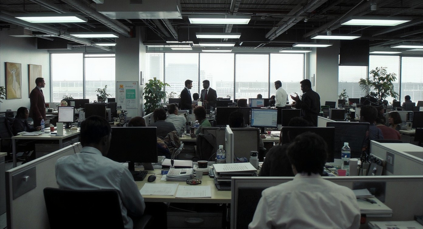Employees sitting in office in toxic workplace environment avoiding eye contact