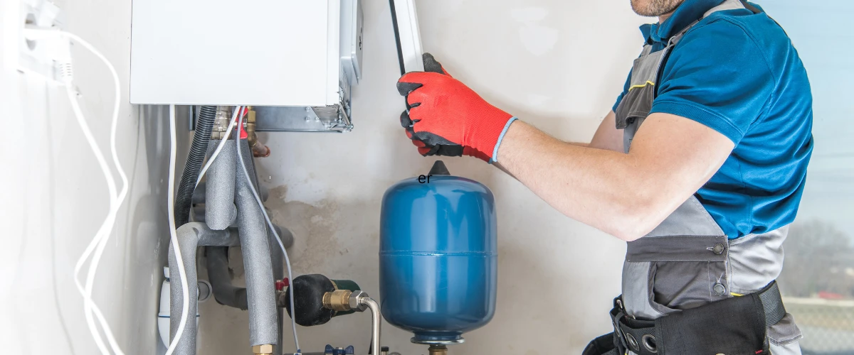 Technician installing or repairing a water heater system in a home utility room