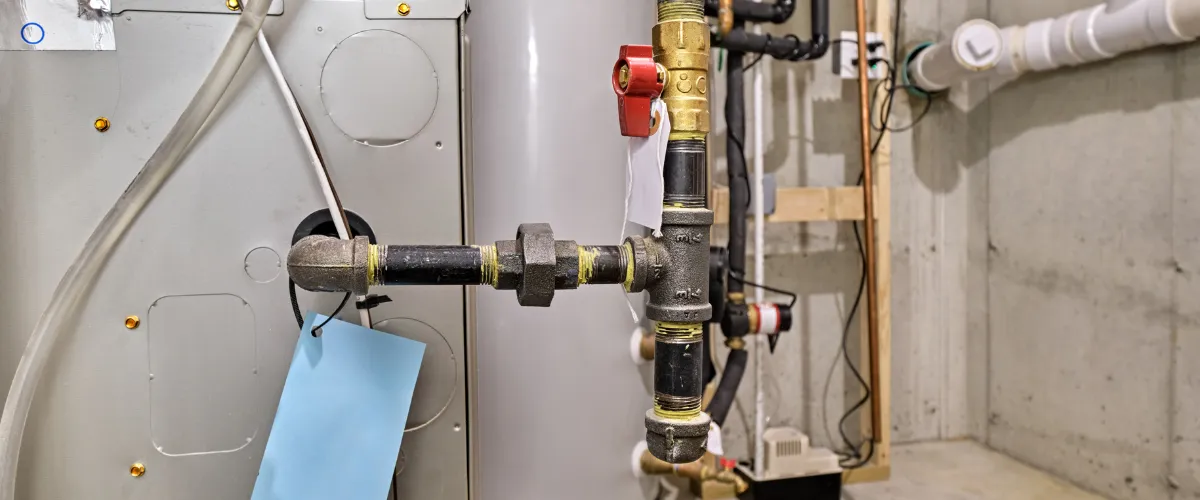 Basement gas line and plumbing system with valves and connectors Basement gas line and plumbing system with valves and connectors