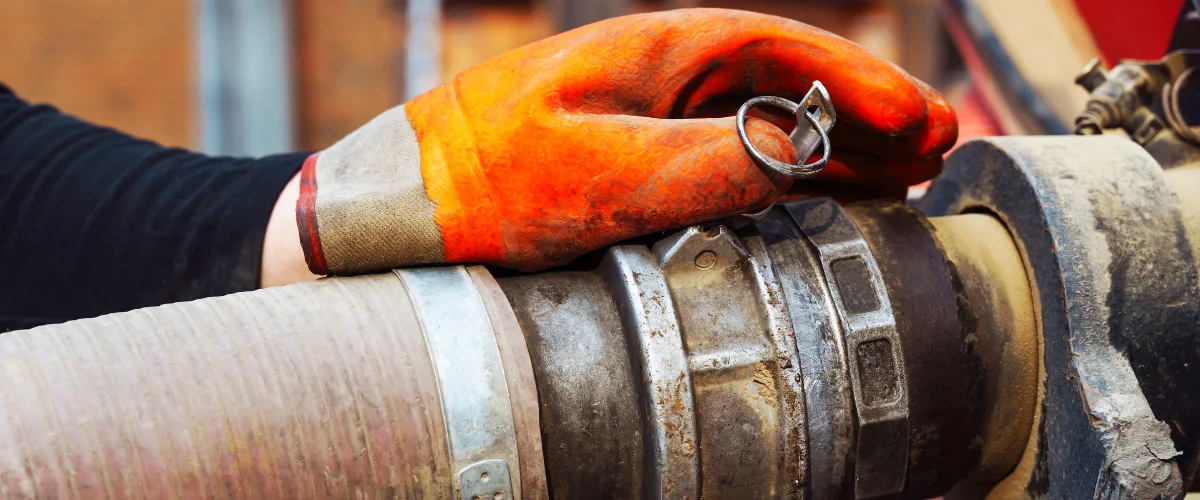 Close-up of worker connecting hose to septic pumping system Close-up of worker connecting hose to septic pumping system