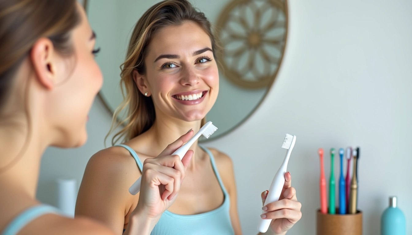 Lady brushing teeth and smiling while looking at the mirror Lady brushing teeth and smiling while looking at the mirror