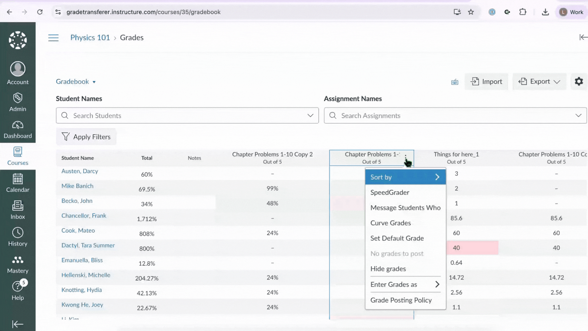 Filling grades into Canvas