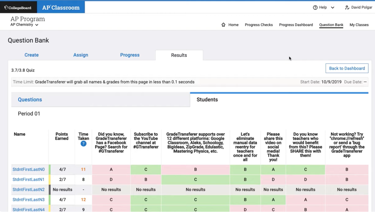 AP Classroom Gradebook Page For Grabbing