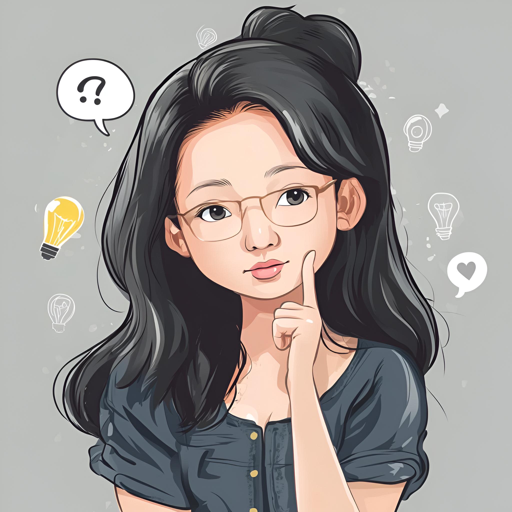 woman with big, expressive eyes and a curious expression, tilting her head slightly with a finger on her chin as if wondering. She wears a stylish yet casual outfit, like a cute blouse and jeans or a trendy dress. Her hair is wavy or in a playful ponytail, and she has a friendly, approachable vibe. A speech bubble or floating question mark above her head emphasizes the theme of struggling with social media and branding. The background is simple, with subtle icons like social media logos or lightbulbs representing ideas. woman with big, expressive eyes and a curious expression, tilting her head slightly with a finger on her chin as if wondering. She wears a stylish yet casual outfit, like a cute blouse and jeans or a trendy dress. Her hair is wavy or in a playful ponytail, and she has a friendly, approachable vibe. A speech bubble or floating question mark above her head emphasizes the theme of struggling with social media and branding. The background is simple, with subtle icons like social media logos or lightbulbs representing ideas.