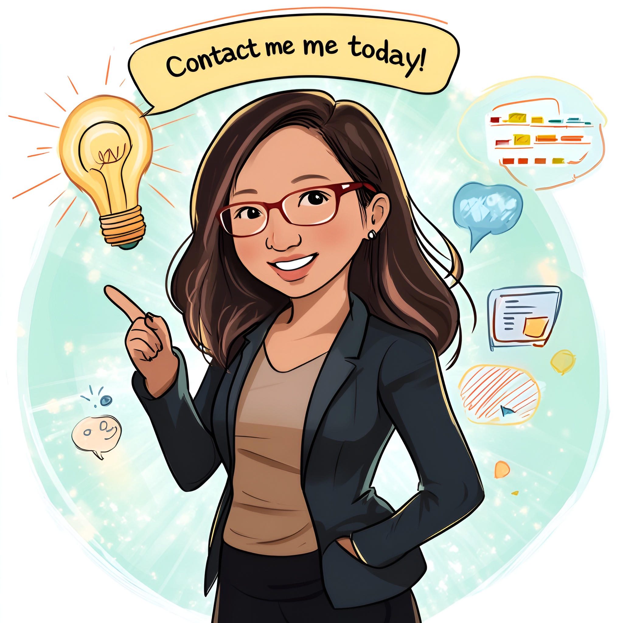 woman with a confident and friendly expression, smiling warmly and pointing towards the viewer as if inviting them to connect. She wears a stylish business-casual outfit, like a blazer over a chic top with jeans or a skirt. Her hair is in soft waves or a sleek ponytail. Surrounding her are floating branding elements like a lightbulb (ideas), a palette (creativity), and a chat bubble (communication). The background is clean, with a subtle glow or gradient to highlight her presence. woman with a confident and friendly expression, smiling warmly and pointing towards the viewer as if inviting them to connect. She wears a stylish business-casual outfit, like a blazer over a chic top with jeans or a skirt. Her hair is in soft waves or a sleek ponytail. Surrounding her are floating branding elements like a lightbulb (ideas), a palette (creativity), and a chat bubble (communication). The background is clean, with a subtle glow or gradient to highlight her presence.