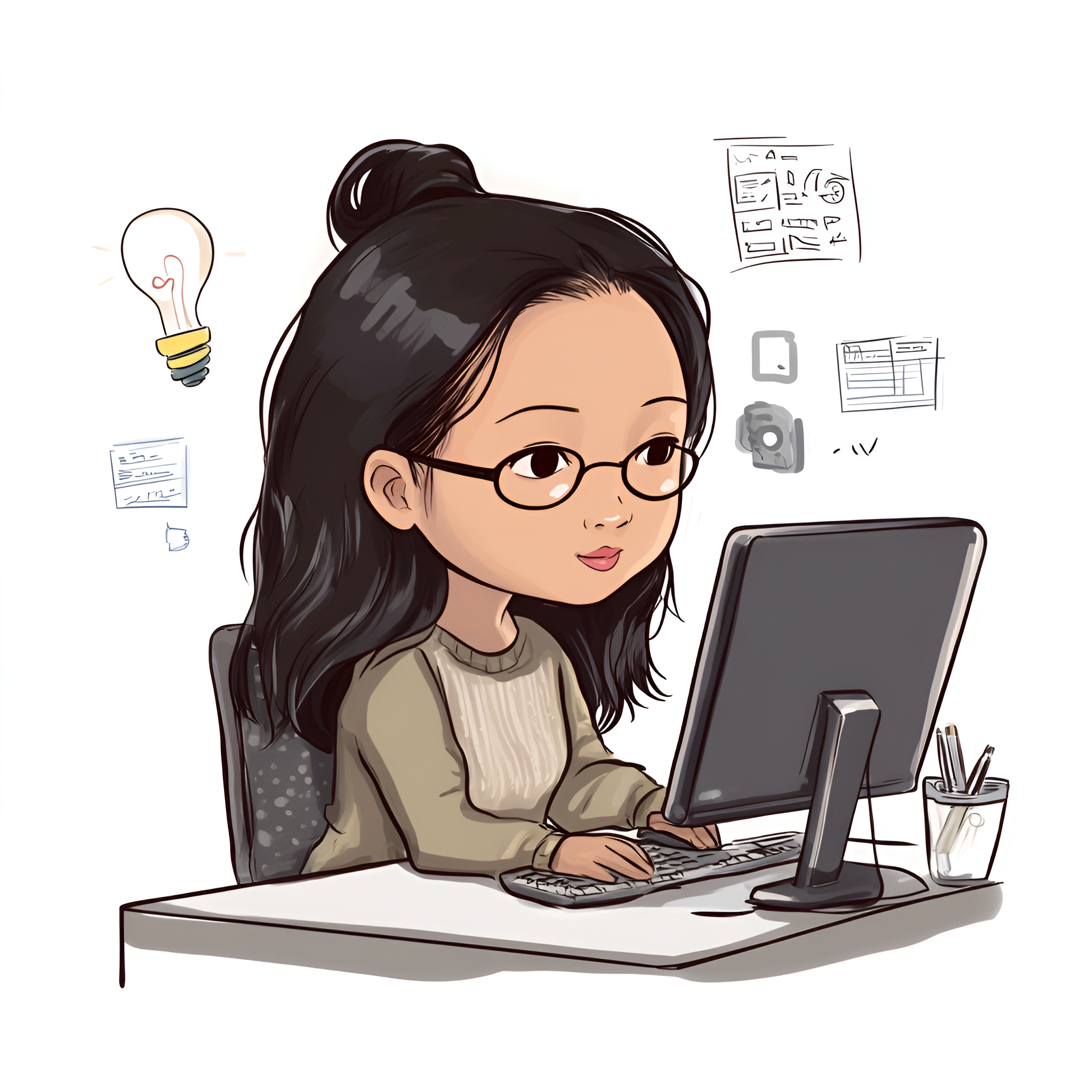 woman sitting at a sleek desk, focused on her desktop computer, with a determined yet friendly expression. She wears a stylish yet comfortable outfit, like a cozy sweater with jeans or a smart-casual blouse. Her hair is in soft waves or a ponytail. The computer screen in front of her displays elements of website or funnel design, such as wireframes, charts, or UI components. Around her, subtle floating icons like a mouse cursor, code brackets, and a lightbulb represent creativity and web development. woman sitting at a sleek desk, focused on her desktop computer, with a determined yet friendly expression. She wears a stylish yet comfortable outfit, like a cozy sweater with jeans or a smart-casual blouse. Her hair is in soft waves or a ponytail. The computer screen in front of her displays elements of website or funnel design, such as wireframes, charts, or UI components. Around her, subtle floating icons like a mouse cursor, code brackets, and a lightbulb represent creativity and web development.