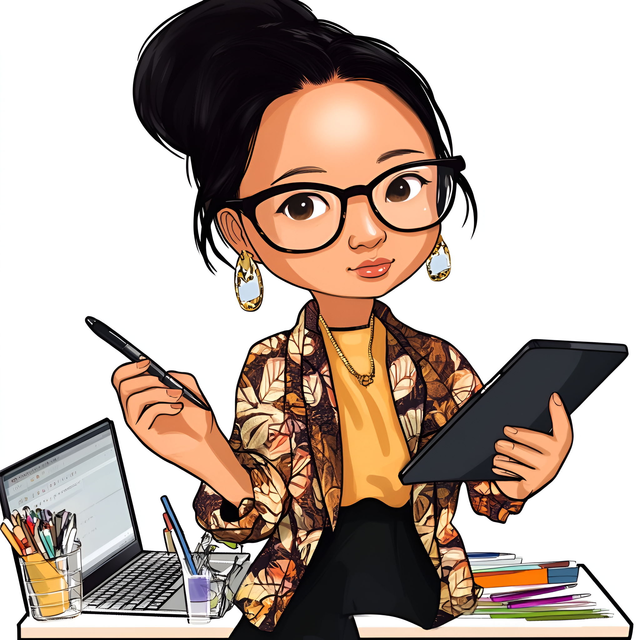 woman in her 40s with a Bratz-inspired aesthetic. She has black hair in a high ponytail, stylish eyeglasses, and a light Asian skin tone with beautiful brown eyes. She is proudly holding a beautifully designed eBook cover in one hand while using a digital pen on her tablet with the other. Her workspace is filled with creative tools--color swatches, a laptop, and a stack of digital product mockups. She wears a chic, bold-patterned blazer that reflects her artistic confidence. Her expression is excited and proud as she finalizes a stunning eBook design. woman in her 40s with a Bratz-inspired aesthetic. She has black hair in a high ponytail, stylish eyeglasses, and a light Asian skin tone with beautiful brown eyes. She is proudly holding a beautifully designed eBook cover in one hand while using a digital pen on her tablet with the other. Her workspace is filled with creative tools--color swatches, a laptop, and a stack of digital product mockups. She wears a chic, bold-patterned blazer that reflects her artistic confidence. Her expression is excited and proud as she finalizes a stunning eBook design.