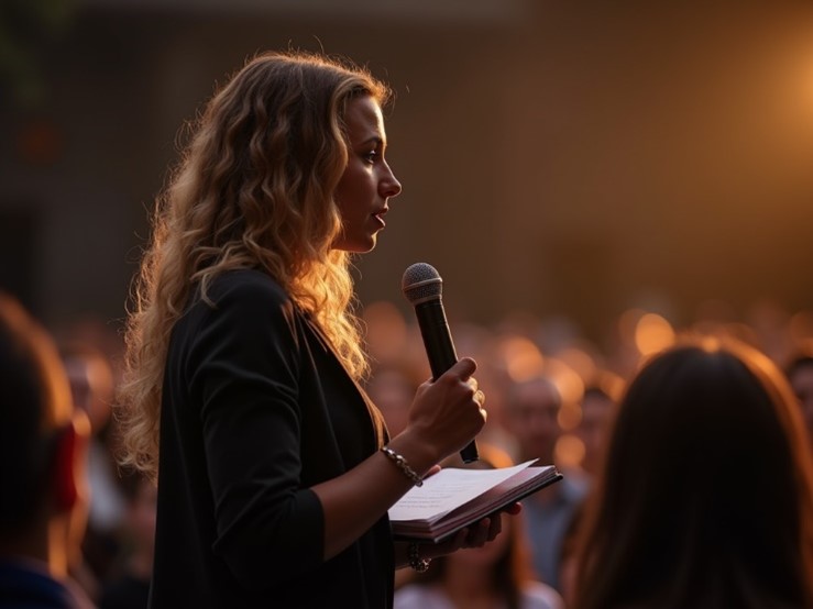 woman speaking into microphone