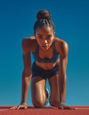 Focused female sprinter in starting position on track, representing the use of positive self-talk, motivational cue words, and mental preparation to enhance performance.