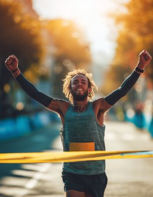Smiling marathon runner crossing the finish line with arms raised, showing the power of positive self-talk, motivational mantras, and mental resilience in achieving peak performance.