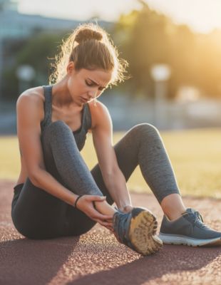 Female athlete sitting on track holding ankle, illustrating resilience, preparation, and mindset strategies for building internal confidence after setbacks. Female athlete sitting on track holding ankle, illustrating resilience, preparation, and mindset strategies for building internal confidence after setbacks.