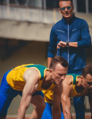 Athletics coach timing sprinters at the start line, highlighting focus cues, process concentration, and mental preparation as keys to peak performance.