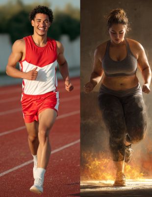 A split image showing two athletes — one smiling and balanced, the other exhausted and pushing hard — symbolising the contrast between healthy training and overtraining.