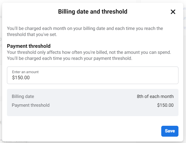 Facebook ad account - Adjust your payment threshold!