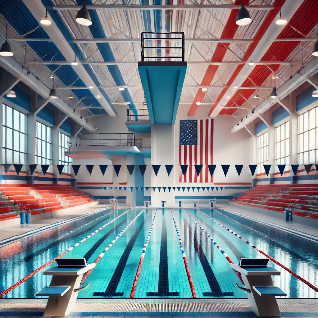 A clean, Olympic-sized indoor pool with diving platforms and patriotic decor sits ready for action, completely empty and perfectly lit. A clean, Olympic-sized indoor pool with diving platforms and patriotic decor sits ready for action, completely empty and perfectly lit.