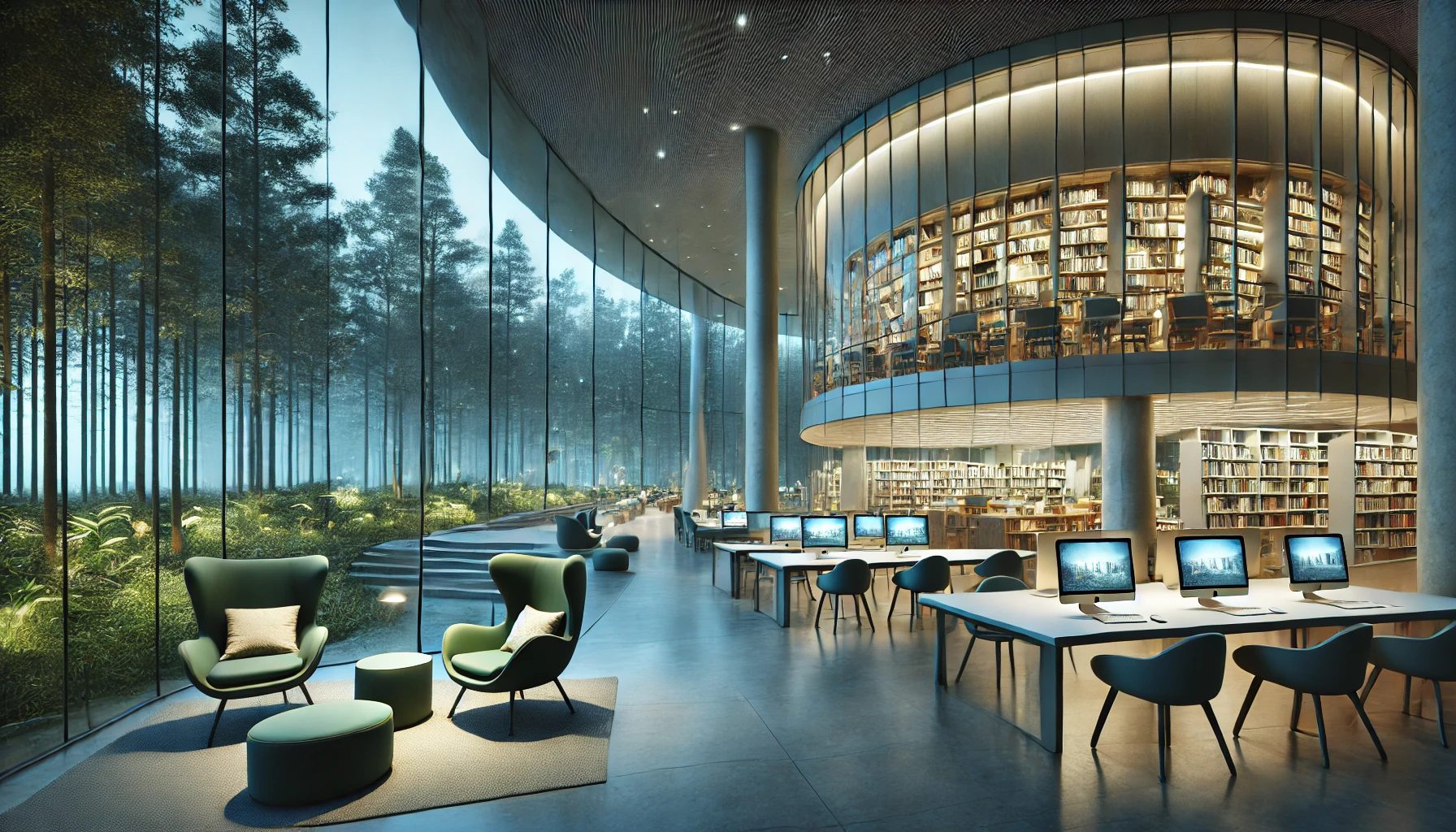 A sleek, glass-walled library blends nature and technology with cozy seating, forest views, and a modern computer lab—all in one inviting, light-filled space. A sleek, glass-walled library blends nature and technology with cozy seating, forest views, and a modern computer lab—all in one inviting, light-filled space.