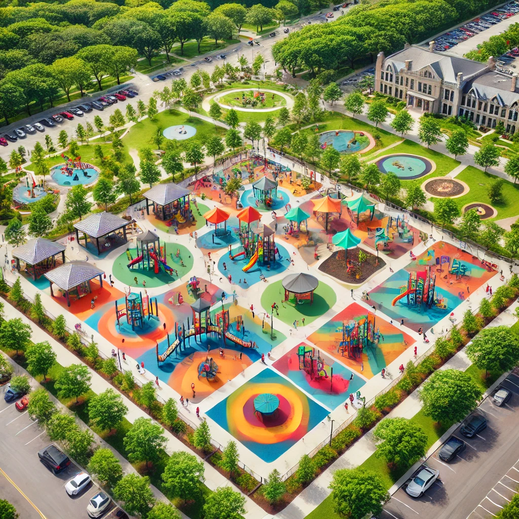 A bright and colorful aerial view of an inclusive playground with pavilions, play zones, tree-lined paths, and a nearby historic building surrounded by lush greenery. A bright and colorful aerial view of an inclusive playground with pavilions, play zones, tree-lined paths, and a nearby historic building surrounded by lush greenery.