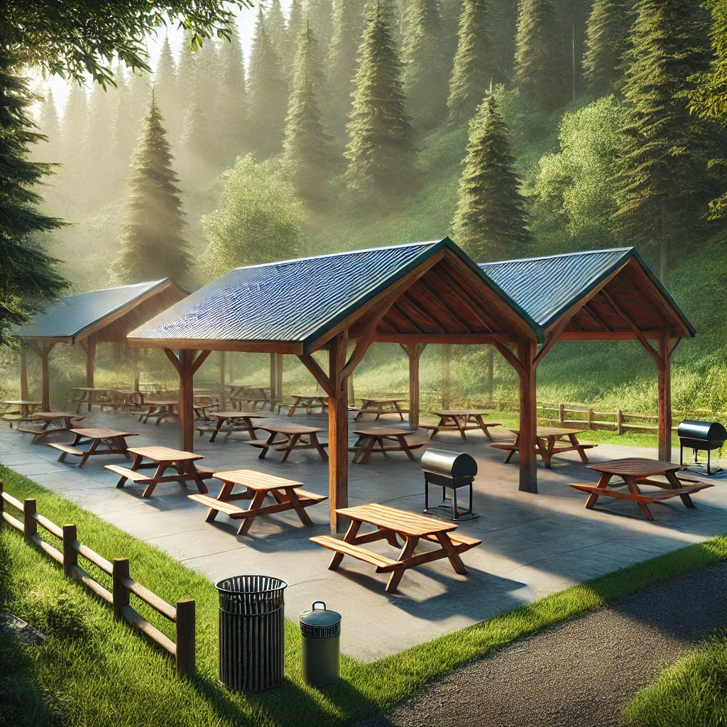 A serene forest park features multiple covered picnic shelters, wooden tables, grills, and paved paths—perfectly set up for group outings and nature retreats. A serene forest park features multiple covered picnic shelters, wooden tables, grills, and paved paths—perfectly set up for group outings and nature retreats.