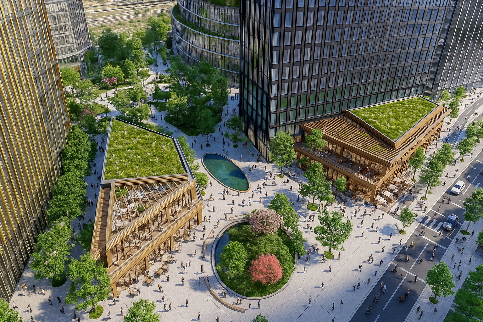 This image captures a vibrant, pedestrian-friendly plaza at Amazon HQ2 featuring eco-designed buildings with rooftop greenery, outdoor dining, and lush landscaping—perfectly blending work, lifestyle, and community. This image captures a vibrant, pedestrian-friendly plaza at Amazon HQ2 featuring eco-designed buildings with rooftop greenery, outdoor dining, and lush landscaping—perfectly blending work, lifestyle, and community.