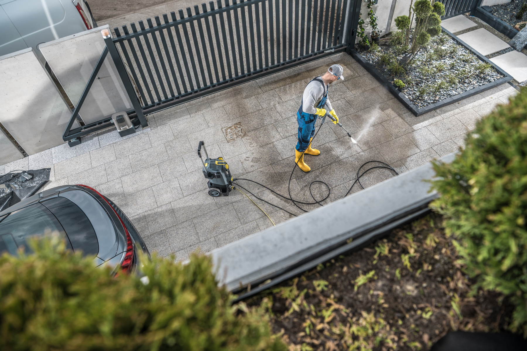 This overhead image shows a worker power-washing a driveway, highlighting a simple yet impactful way to instantly boost curb appeal by removing stains and refreshing outdoor surfaces. This overhead image shows a worker power-washing a driveway, highlighting a simple yet impactful way to instantly boost curb appeal by removing stains and refreshing outdoor surfaces.
