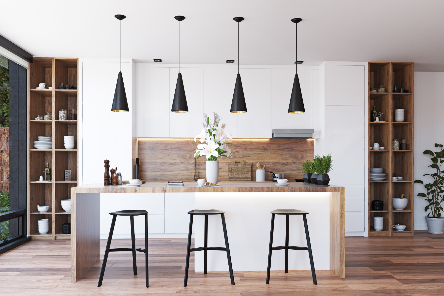 The image showcases a modern, minimalist kitchen with sleek white cabinetry, warm wood accents, open shelving, a central island with bar seating, and statement pendant lighting—ideal for both cooking and entertaining. The image showcases a modern, minimalist kitchen with sleek white cabinetry, warm wood accents, open shelving, a central island with bar seating, and statement pendant lighting—ideal for both cooking and entertaining.