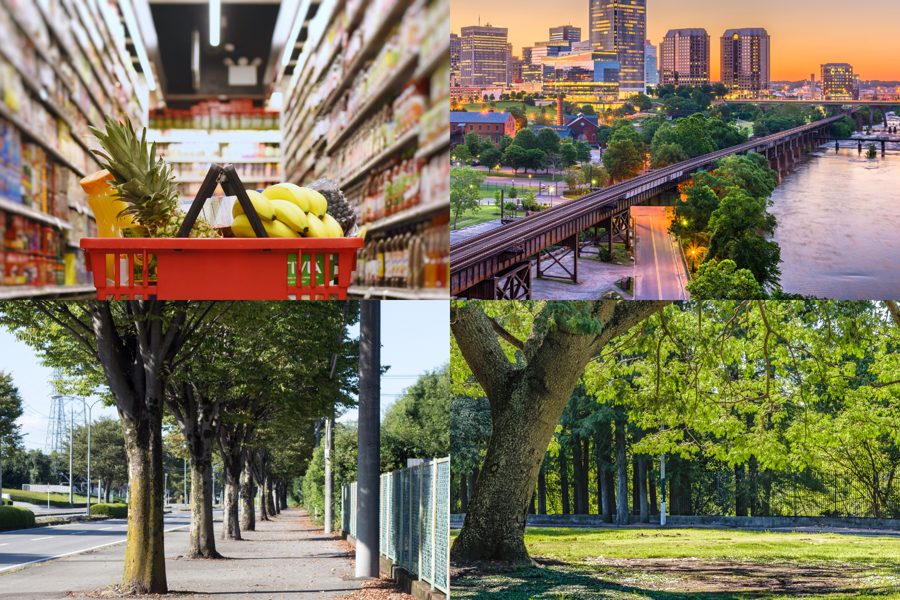 The collage features four lifestyle scenes—grocery shopping, a vibrant cityscape, a tree-lined street, and a quiet park—highlighting key neighborhood perks like convenience, walkability, urban access, and green space. The collage features four lifestyle scenes—grocery shopping, a vibrant cityscape, a tree-lined street, and a quiet park—highlighting key neighborhood perks like convenience, walkability, urban access, and green space.